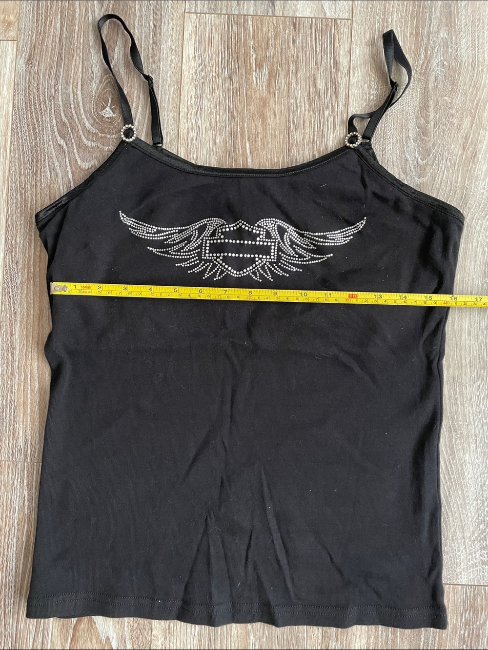 Harley-Davidson Vintage Women's XL Black Rhinestone Wing Tank Top Built In Bra - Picture 9 of 11